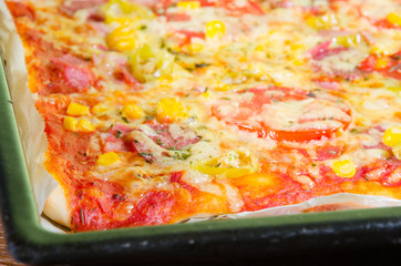 Pizza with cheese, ham and corn