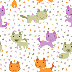 Cute kittens and stars seamless pattern