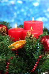 Fototapeta na wymiar Beautiful Christmas wreath on blue background