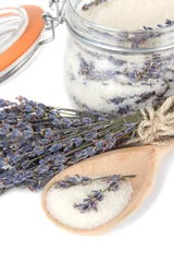 Fotobehang Jar of lavender sugar and fresh lavender flowers isolated © Africa Studio
