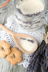 Jar of lavender sugar and fresh lavender flowers