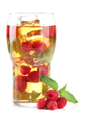Iced tea with raspberries and mint isolated on white