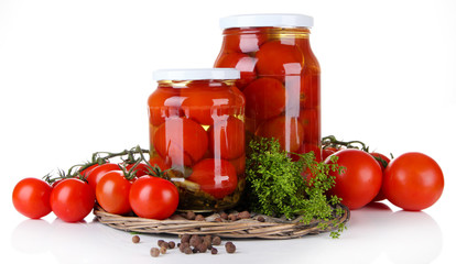 Tasty canned and fresh tomatoes, isolated on white