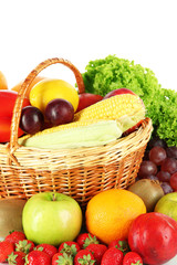 Different fruits and vegetables on white background