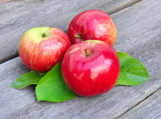 Fresh apples on the wooden bench