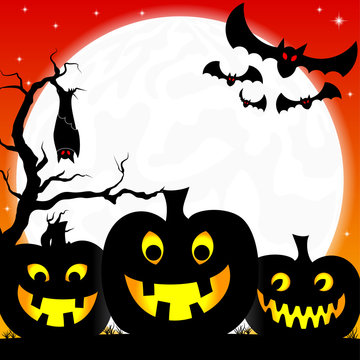 halloween background with pumpkins, full moon and bats