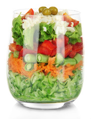 Tasty salad with fresh vegetables, isolated on white