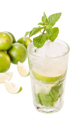 Mojito cocktail with limes on white background