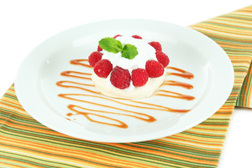 Tasty meringue cake with berries, isolated on white