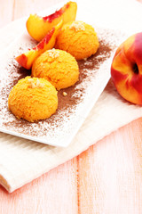Delicious ice cream on plate on table close-up