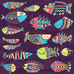 Cartoon vector illustration with funny fishes. Decorative