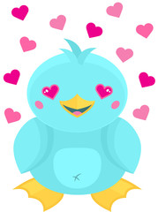 Cute blue cartoon kawaii style water bird with hearts for eyes