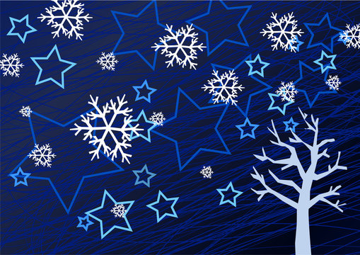 Winter background with tree and snowflakes illustration