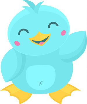 Super cute blue cartoon kawaii style water bird waving