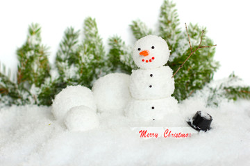 Snowman with winter snow background. Christmas card.