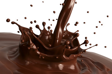 Hot chocolate splash close-up, isolated on white background.