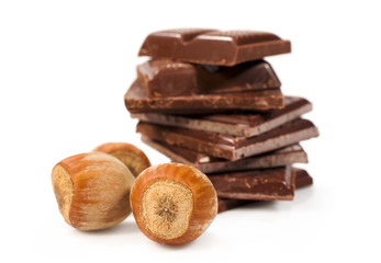 chocolate pieces with hazelnuts close-up