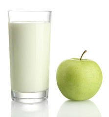 Glass of kefir and green apple, isolated on white