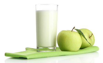 Glass of kefir and green apples, isolated on white