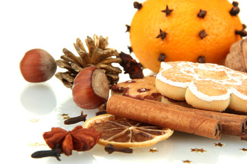 composition of christmas spices, isolated on white