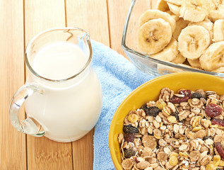 Delicious and healthy cereal in bowl with milk