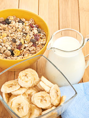 Delicious and healthy cereal in bowl with milk