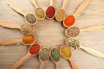 Assortment of spices in wooden spoons on wooden background