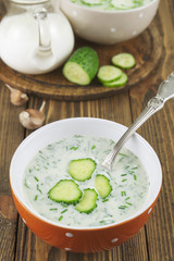 Cold soup with cucumbers, yogurt and fresh herbs