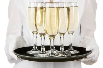 Waitresses holding tray with glasses of champagne, isolated