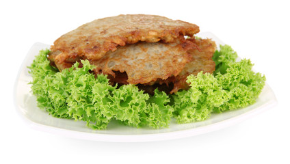 Potato pancakes on plate, isolated on white