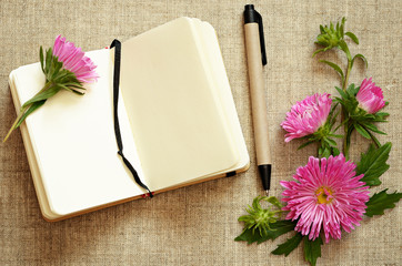 Notebook and a pen with asters composition