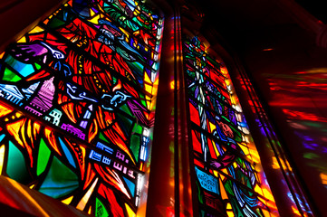 Lights come through the stained glass window