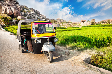Auto rickshaw near rice plantation