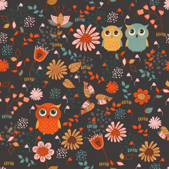 Cute colorful seamless pattern with owsl and flowers - 56029192