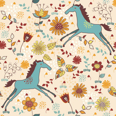 Cute seamless texture with  horses in flowers - 56029195
