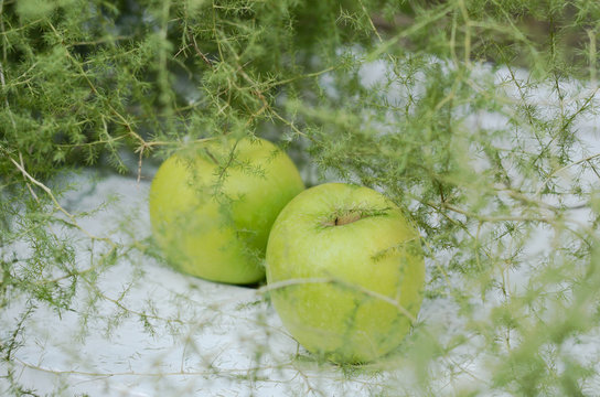 Decoration with green apples and asparagus on white background