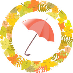circular pattern of autumn leaves and umbrella