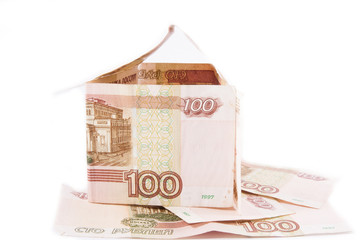 Building of Russian 5000 rubles banknotes on a stone foundation