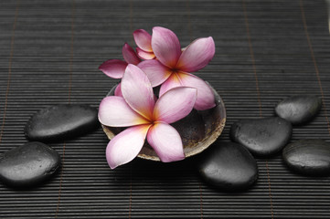 Obraz na płótnie Canvas frangipani flower in wooden bowl with pebble on bamboo mat