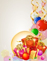 Christmas gifts, gold and red ribbons,  balls. Vector.