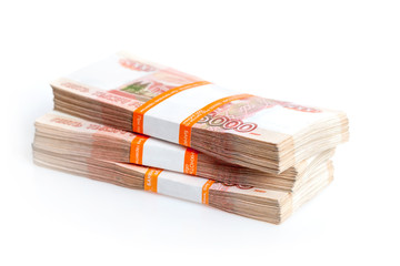 Russian rubles isolated on white. Stack of banknotes