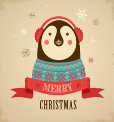 Christmas background with hipster penguin