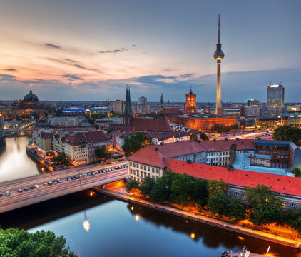 Berlin, Germany major landmarks at sunset