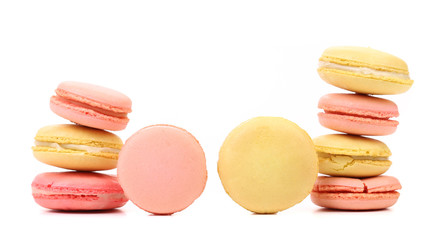 Stacks of various macaron cakes. Close up.