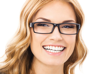 Cheerful smiling woman in glasses, isolated