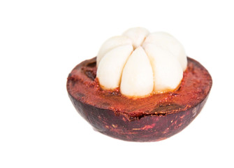 Half sliced mangosteen over white background