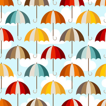 Retro Umbrellas Clouds Seamless Pattern Mix Colors