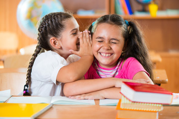 Two schoolgirls having fun at school