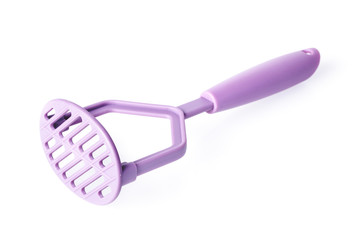 purple plastic potato masher isolated on white background