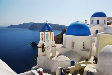 Santorini with churches and sea view in Greece